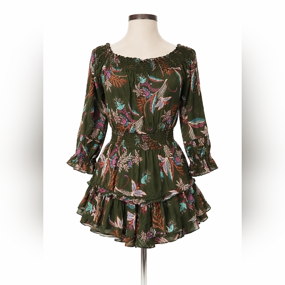 Jaase Green Floral Boho Off Shoulder Ruffle Mini Dress Large Cottagecore Party
